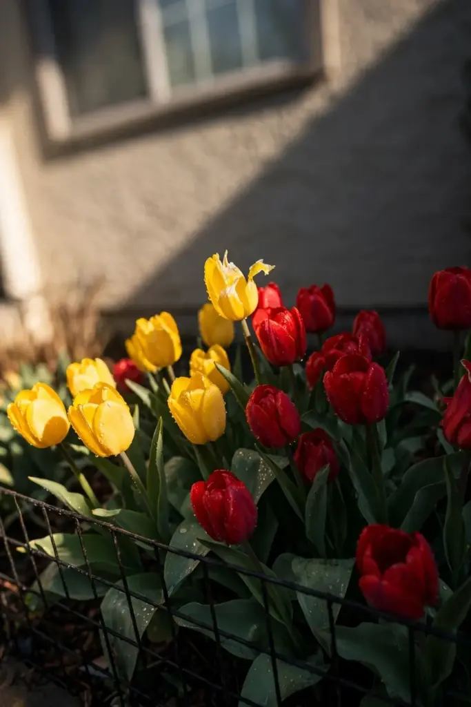 Block of red and yellow tulips planted inside a low wire fence