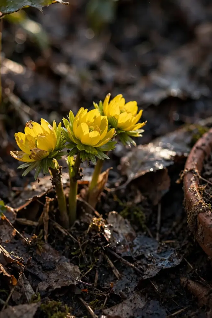 Winter aconite yellow cups glowing against dark wet leaf litter