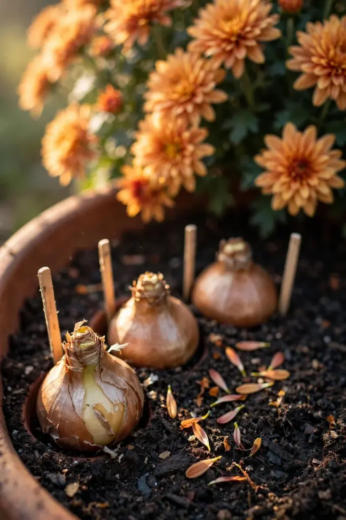 Daffodil bulbs tucked into a fall planter with marker sticks