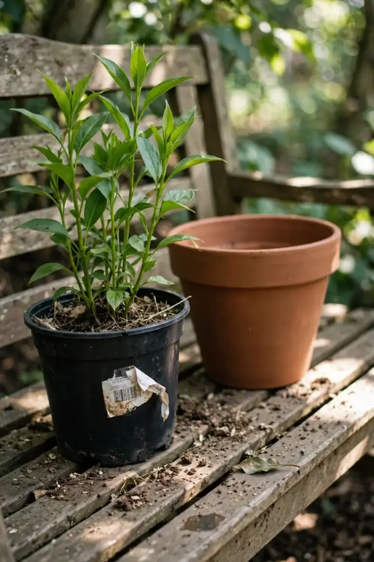 New potted plant in a nursery pot beside an empty larger pot