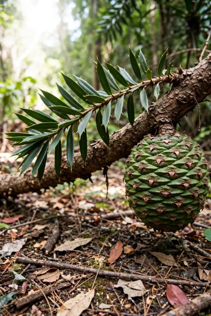 Bunya Pine branch with stiff pointed leaves and a large heavy cone
