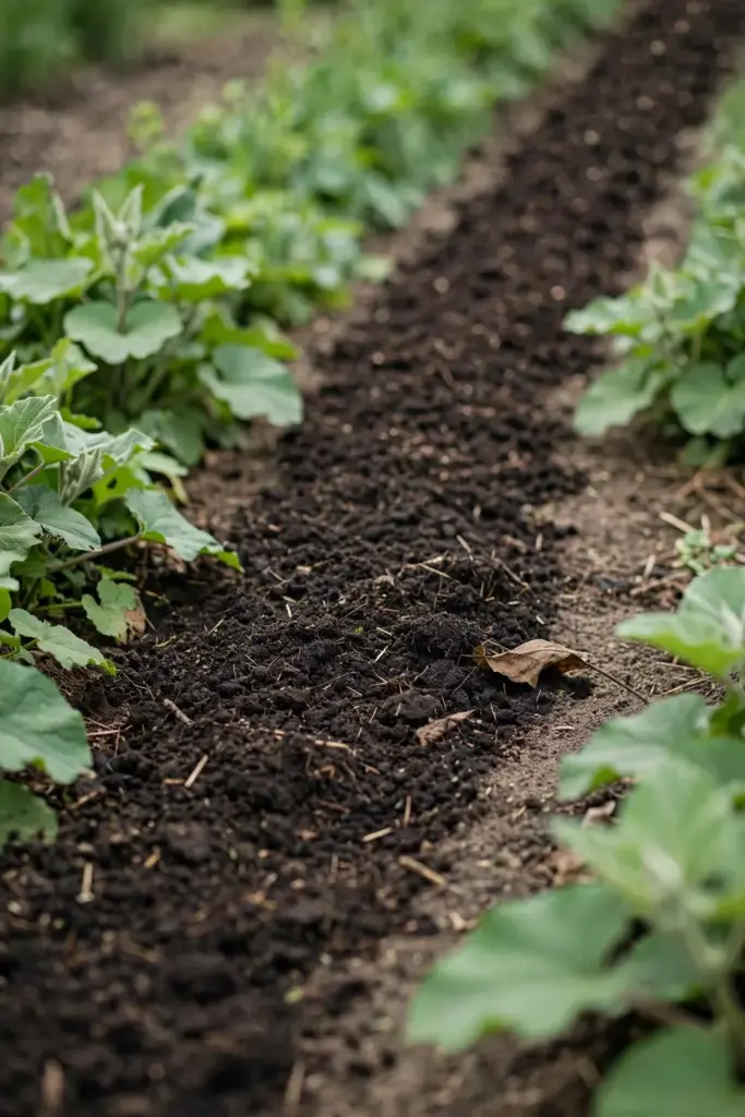 Dark finished compost ringed around burdock plants between rows