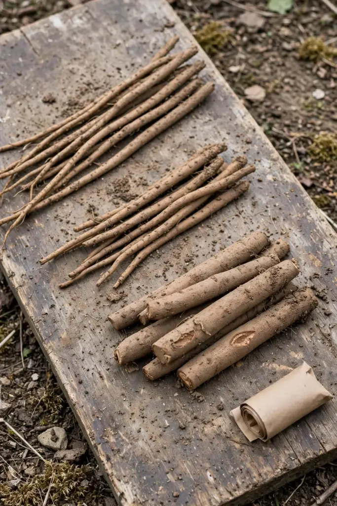 Three piles of burdock roots in different lengths on a wooden board