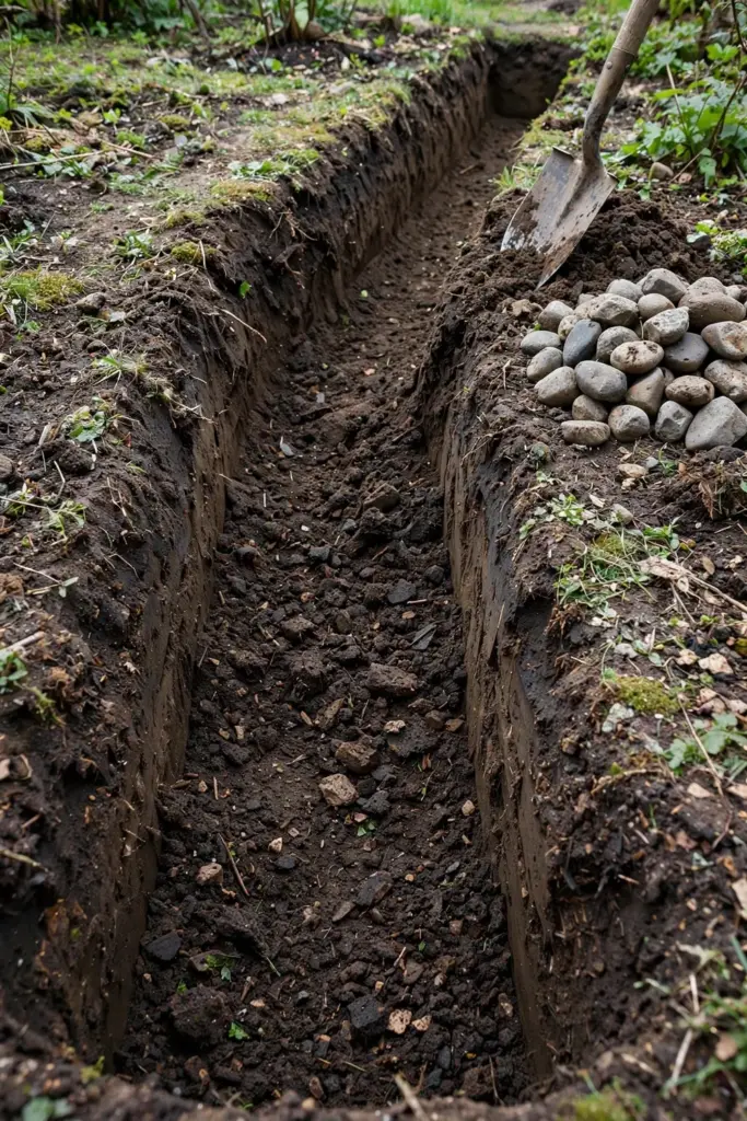Deep trench cross-section showing two feet of loosened dark soil