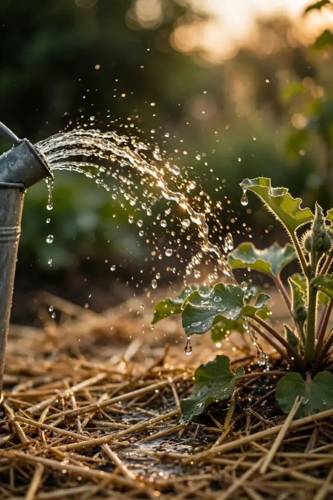 Water arcing from a watering can onto a mulched burdock rosette