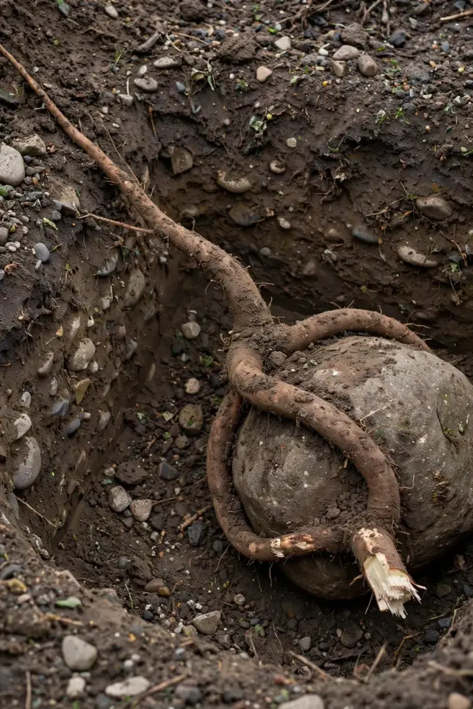 Dug pit exposing a forked burdock root wrapped around a buried stone