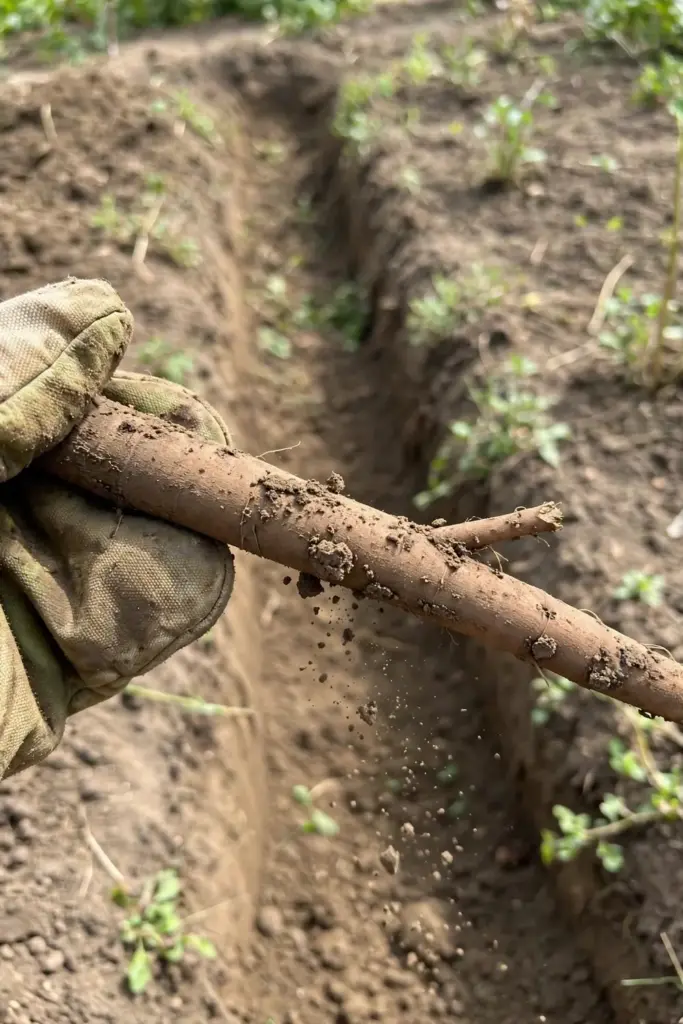 Freshly dug two-foot gobo burdock root with soil still clinging