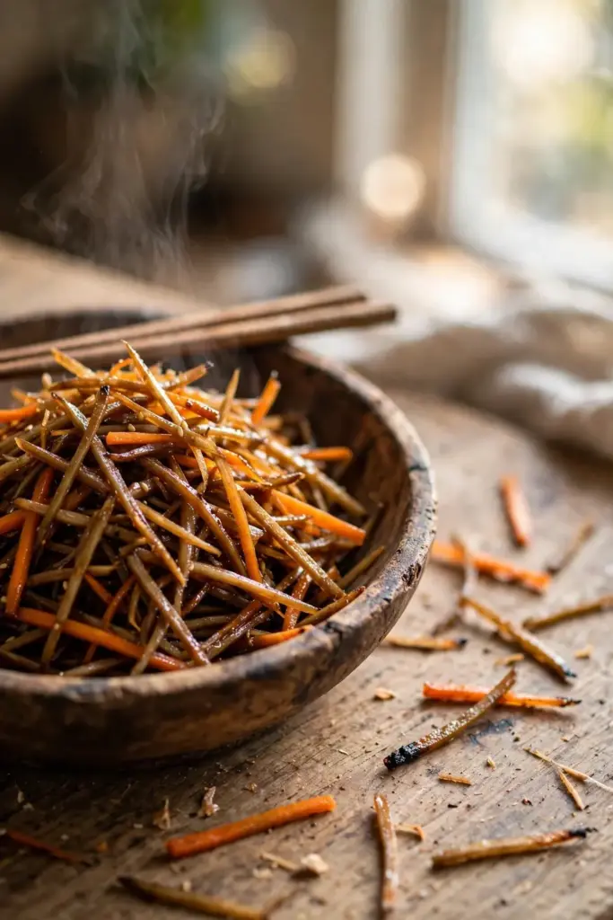 Rustic bowl of julienned kinpira gobo with carrot