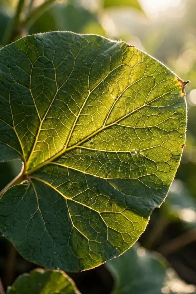 Backlit heart-shaped great burdock leaf with etched veins