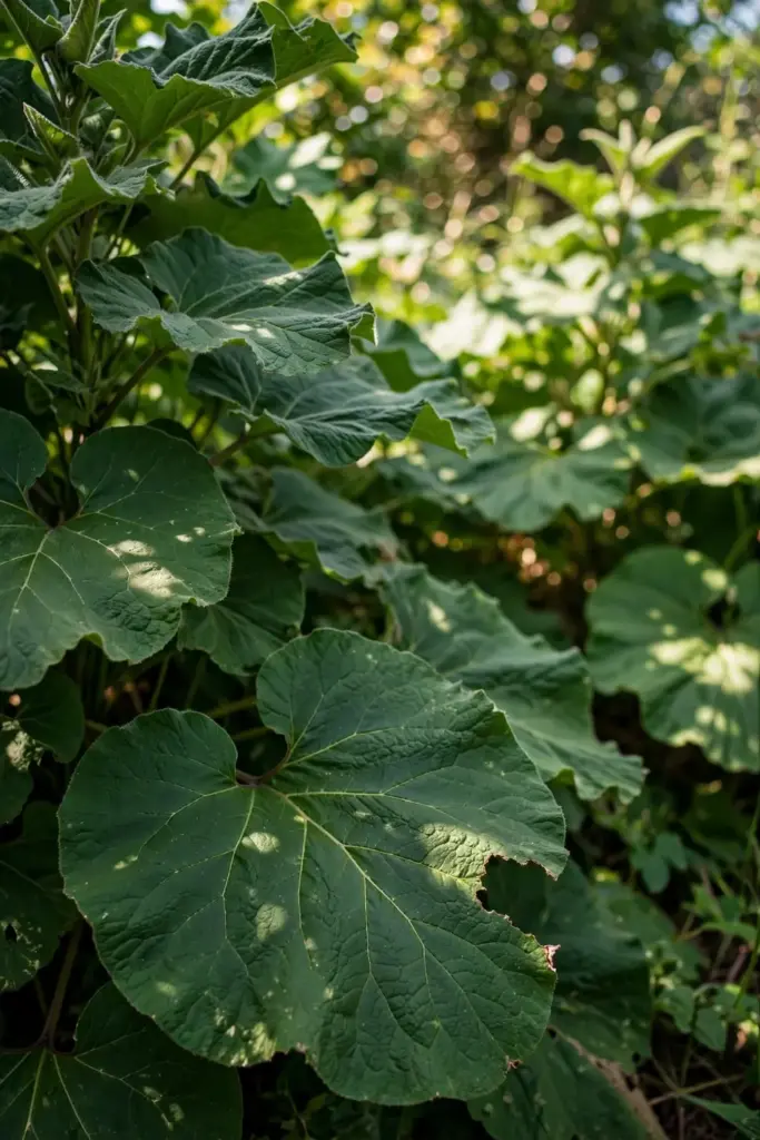 Lush burdock patch with giant leaves filling the frame