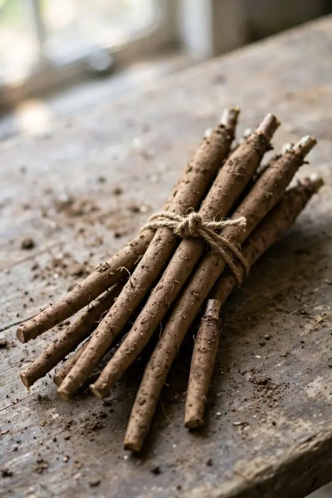 Bundle of harvested gobo roots tied with natural twine