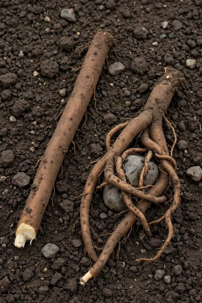 One long straight burdock root beside one forked root on dark soil