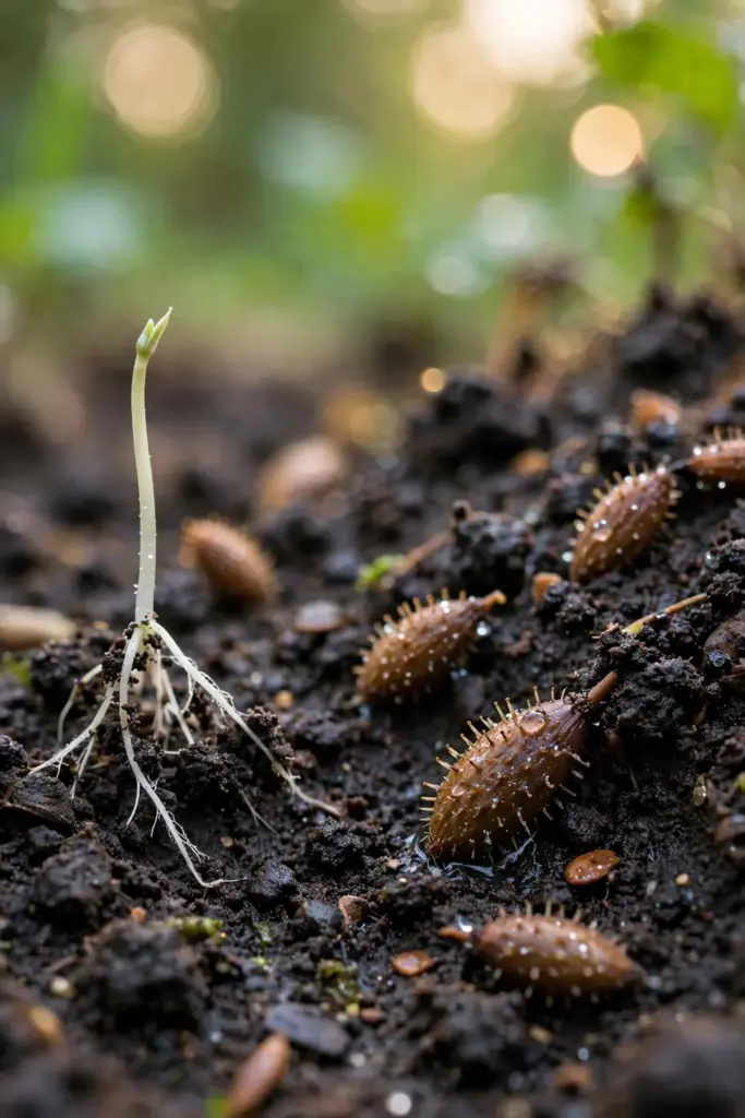 Burdock seeds pressed into dark moist soil with a pale sprout rising