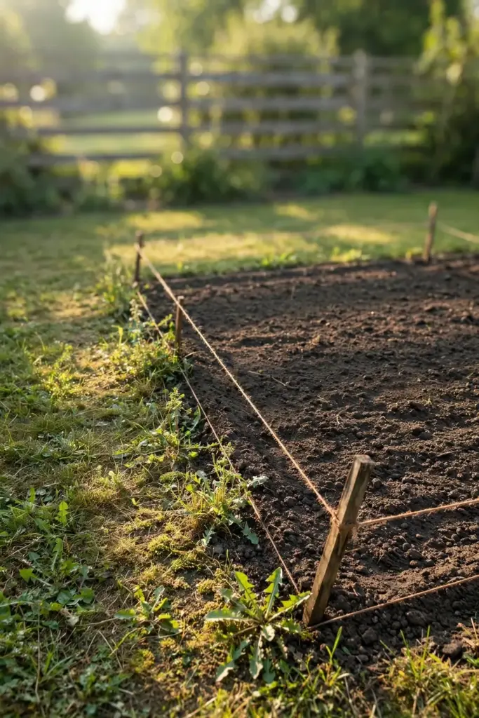 Sunny empty garden plot marked out for the burdock patch