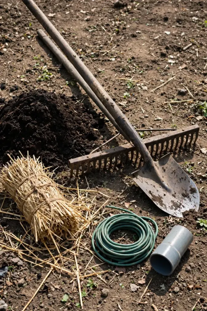Garden tools and materials laid out for burdock planting day
