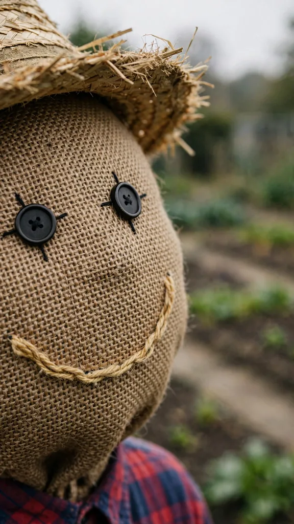 Close view of a burlap scarecrow head with stitched features under a straw hat