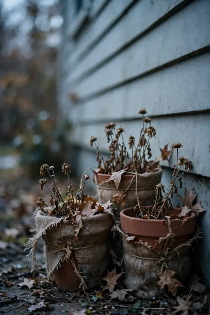 Mum pots clustered against a house wall, wrapped in burlap for winter
