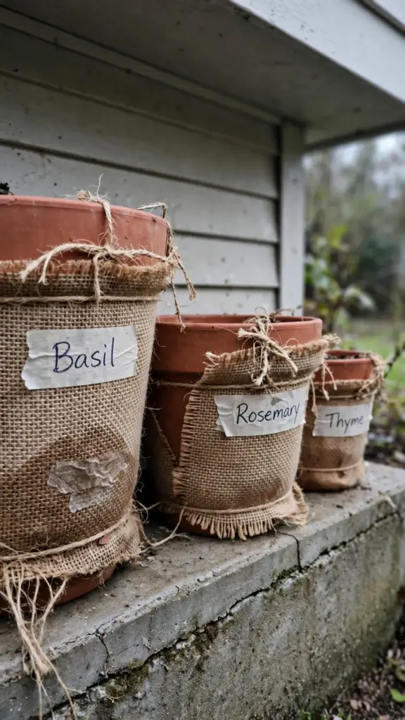 Terracotta pots wrapped in burlap with twine against a house wall