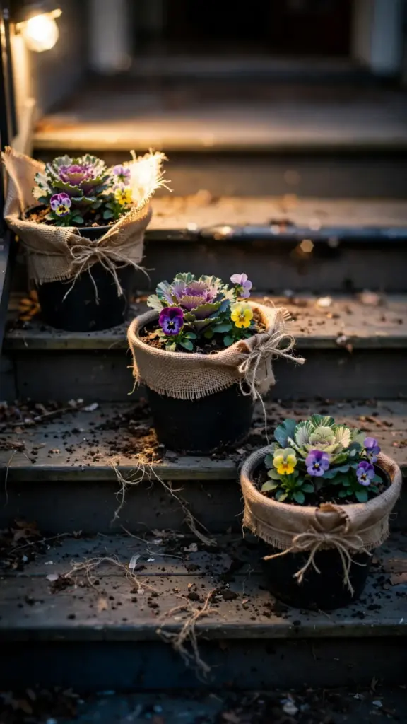 Burlap-wrapped nursery pots lined down porch steps with cabbage and pansies