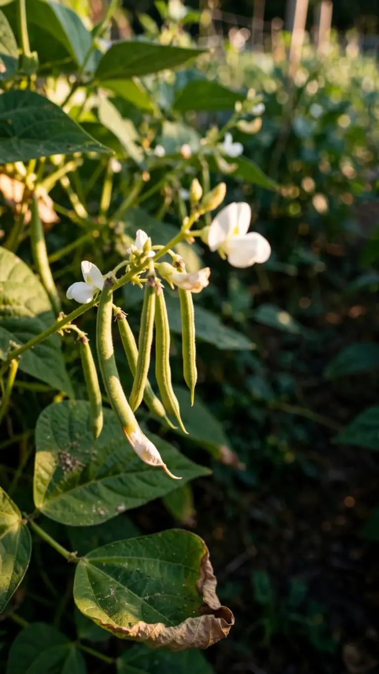 Bush bean plant with white blossoms and small forming pods