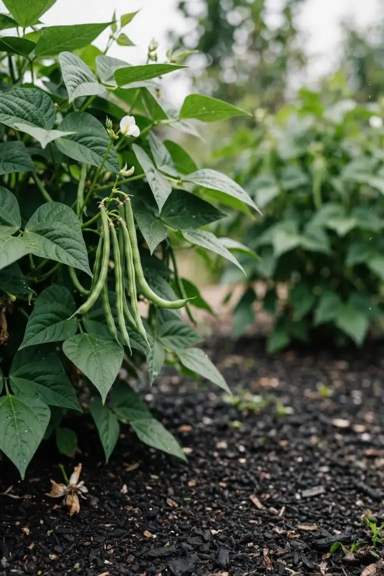 Compact bush bean plant loaded with slender green pods
