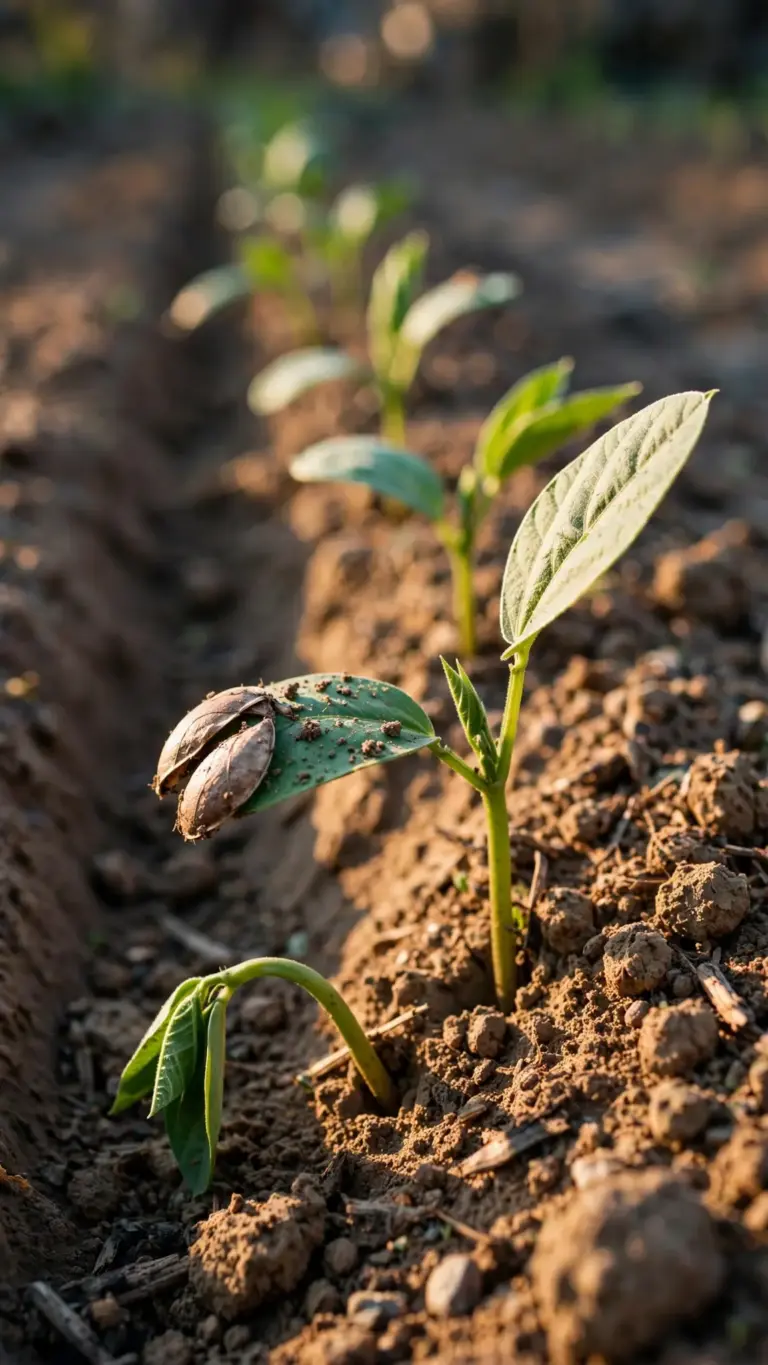 Bush bean seedlings with paired leaves emerging from warm soil
