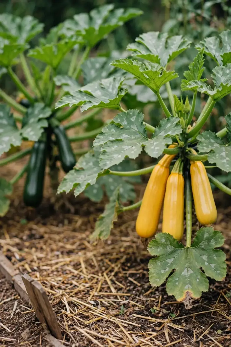 Green and gold bush zucchini plants growing side by side in a mulched bed