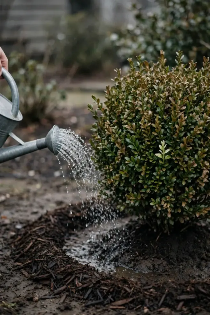 Hand watering a newly planted boxwood with a watering can