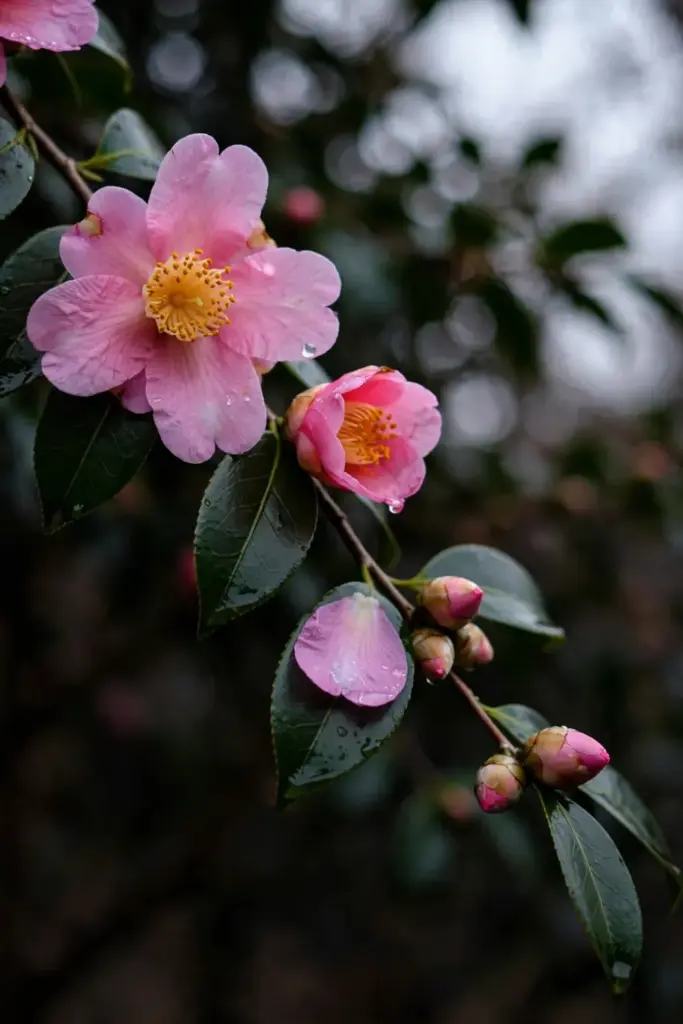 Pink camellia sasanqua flowers blooming among glossy evergreen leaves