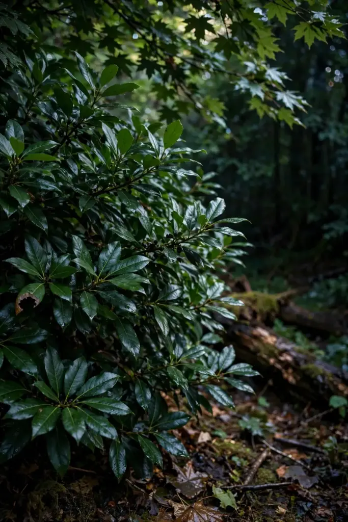 Glossy cherry laurel shrubs with black berries growing in deep shade