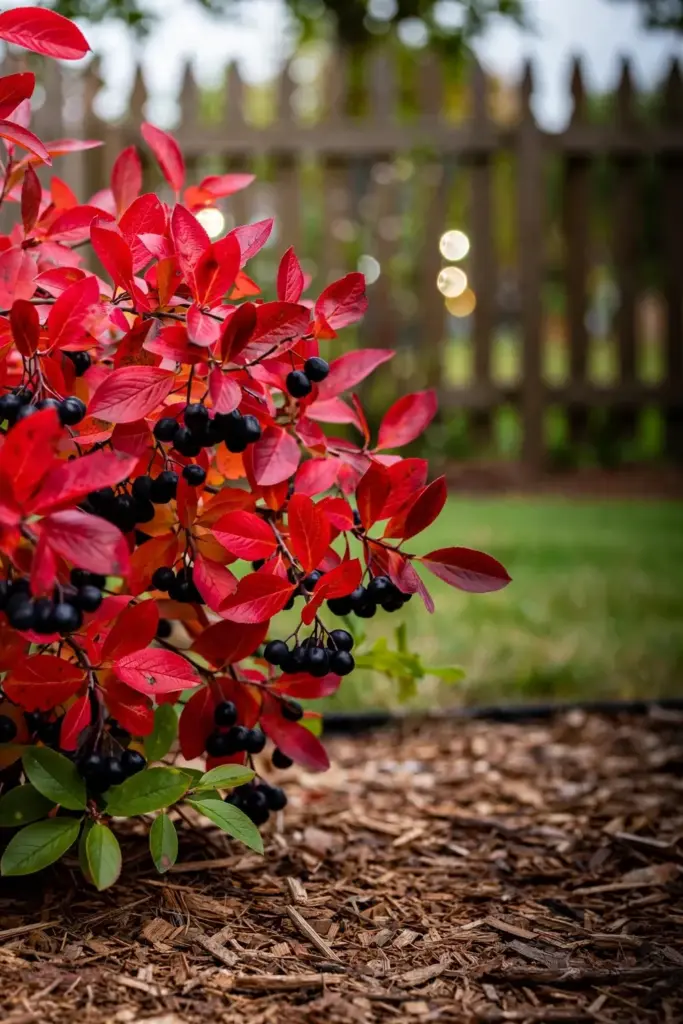 Chokeberry shrub in flaming red fall color with black berries