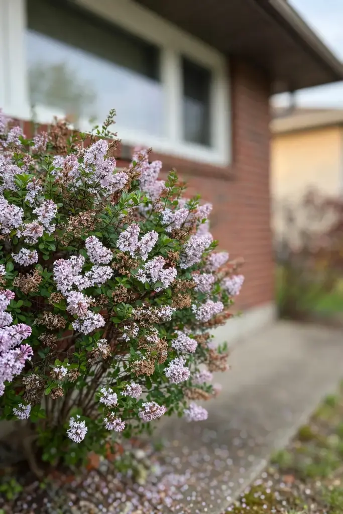 Dwarf Korean lilac blooming under a front window