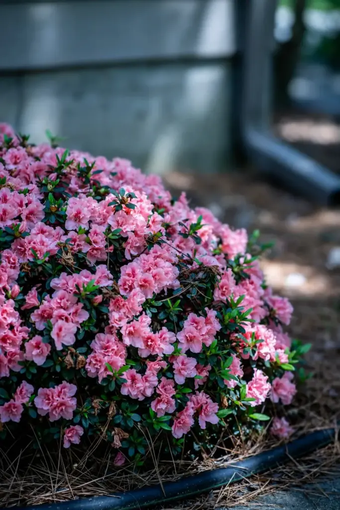 Evergreen azalea mound smothered in pink rebloom flowers