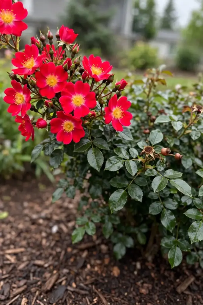 Knock Out rose clusters of cherry-red blooms on dark foliage