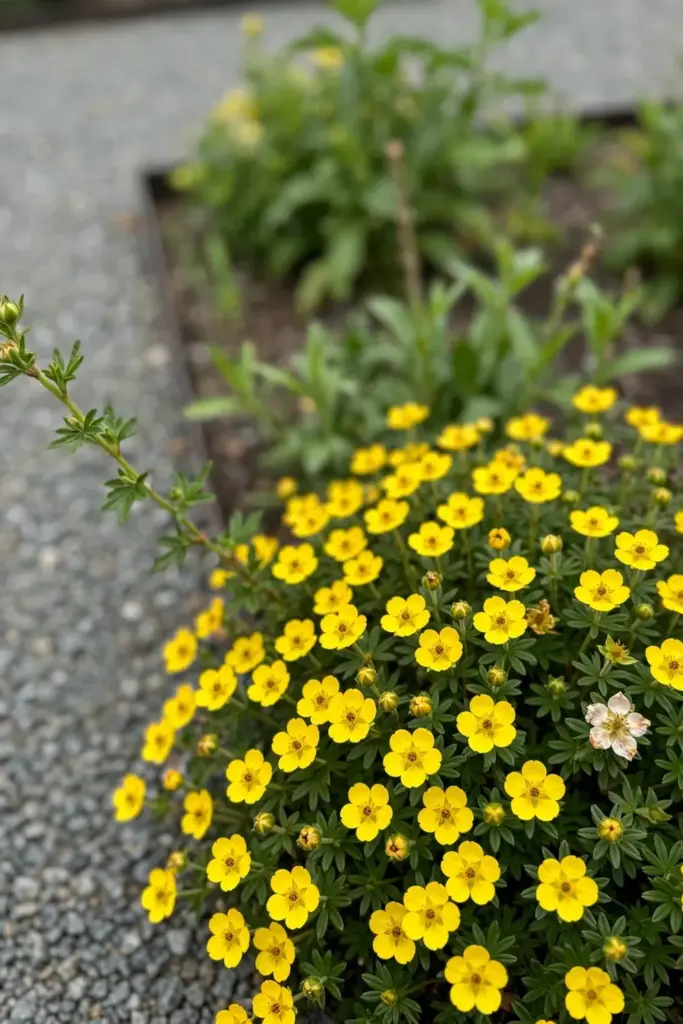 Potentilla mound studded with small yellow summer blooms
