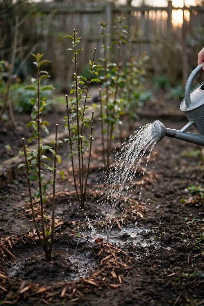Hand watering newly planted privet whips with a watering can in fall