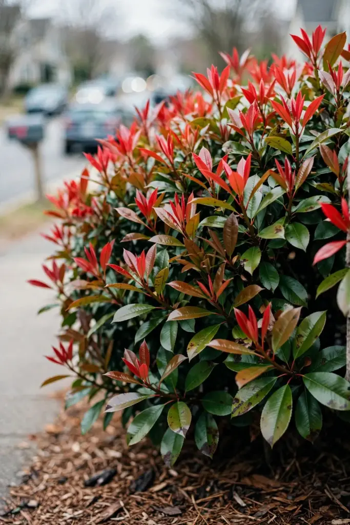 Red tip photinia hedge with fire-engine red new growth on green leaves