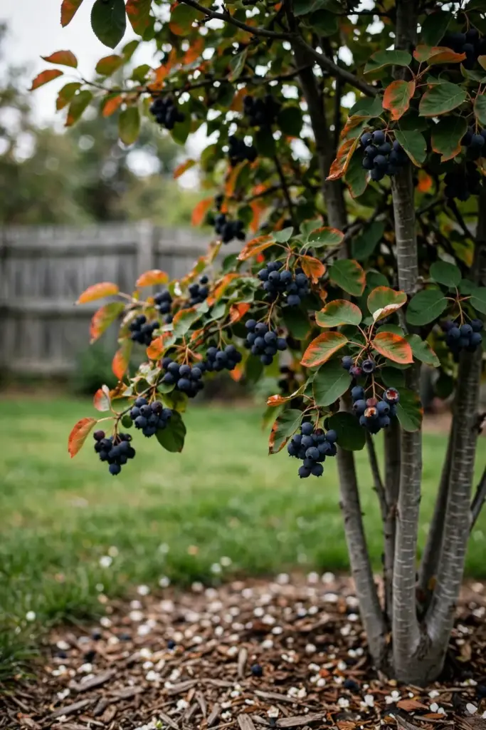 Serviceberry tree loaded with dark June berries and reddening leaves