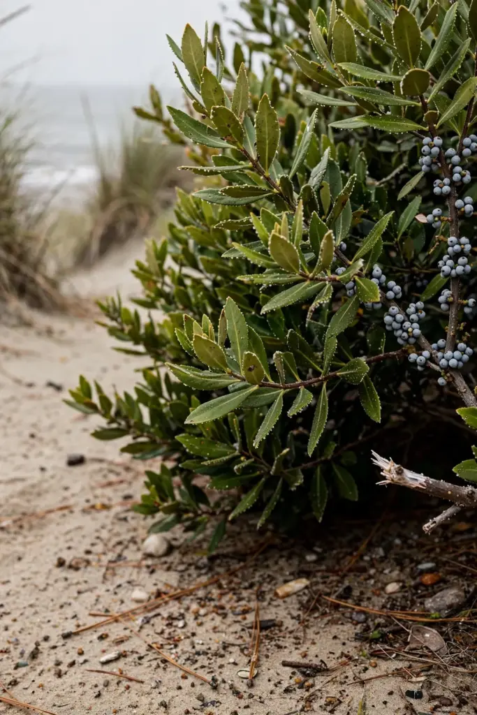 Wax myrtle shrub with fragrant foliage and waxy blue-gray berries at the coast