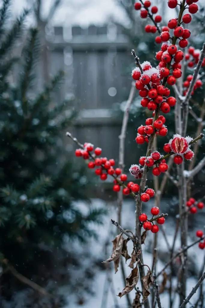 Winterberry holly stems crowded with red berries in winter snow