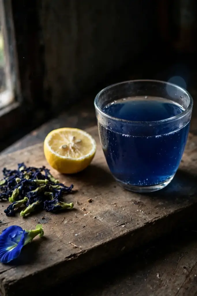 Glass cup of blue butterfly pea tea with a lemon half beside dried flowers