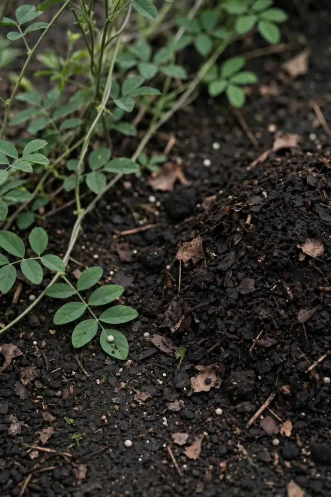Compost worked into dark soil at the base of a butterfly pea vine