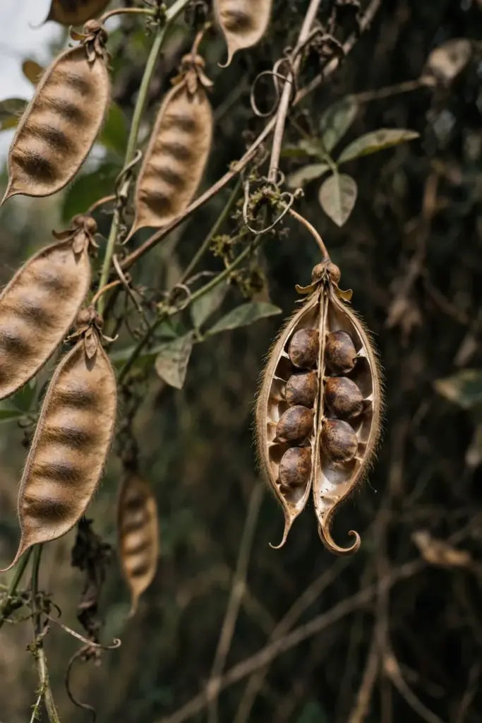 Dry brown butterfly pea pods on the vine with one split pod showing seeds