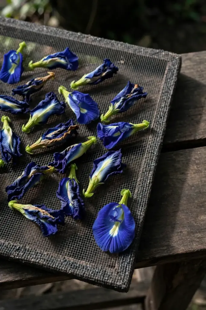 Butterfly pea flowers drying in a single layer on a mesh screen