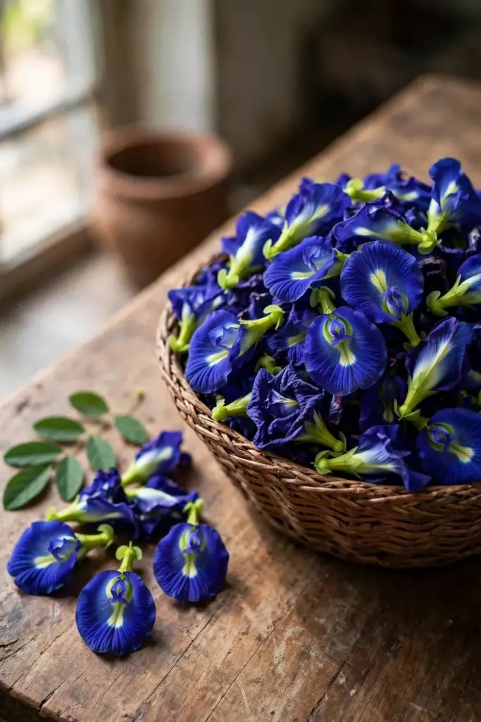 Woven basket of freshly picked deep blue butterfly pea flowers on a wooden table