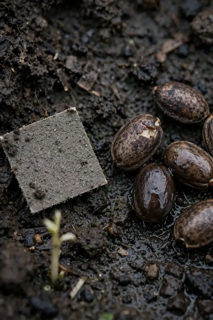 Nicked mottled butterfly pea seeds beside sandpaper on dark soil
