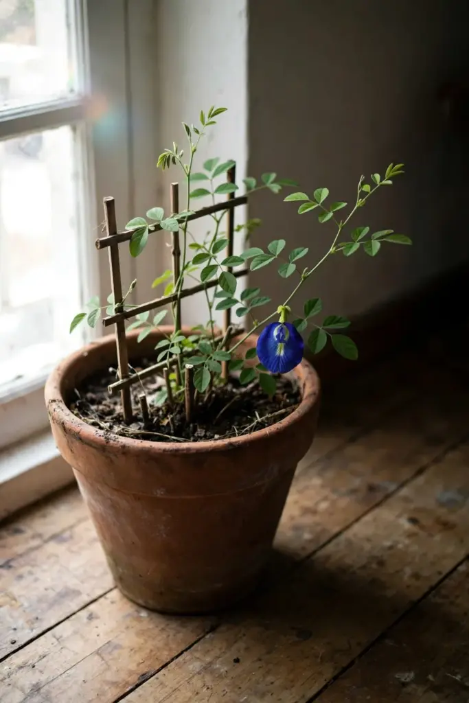 Potted butterfly pea vine cut back by a bright indoor window
