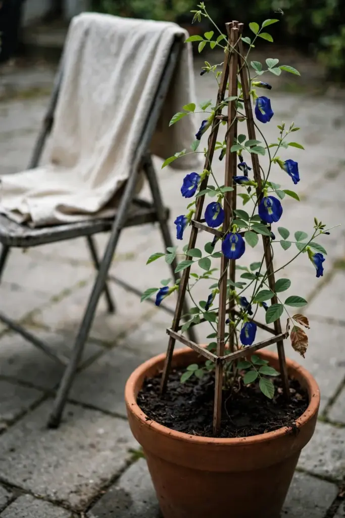 Potted butterfly pea vine on a sunny patio with a frost cloth folded nearby