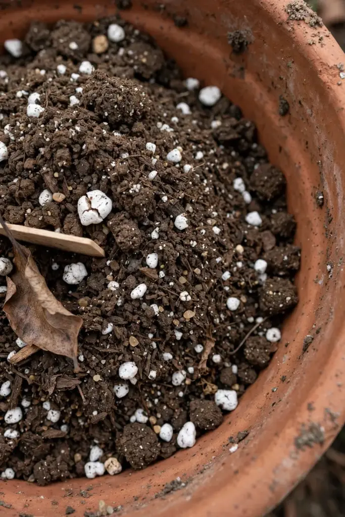 Potting mix with perlite and compost heaped in a clay pot