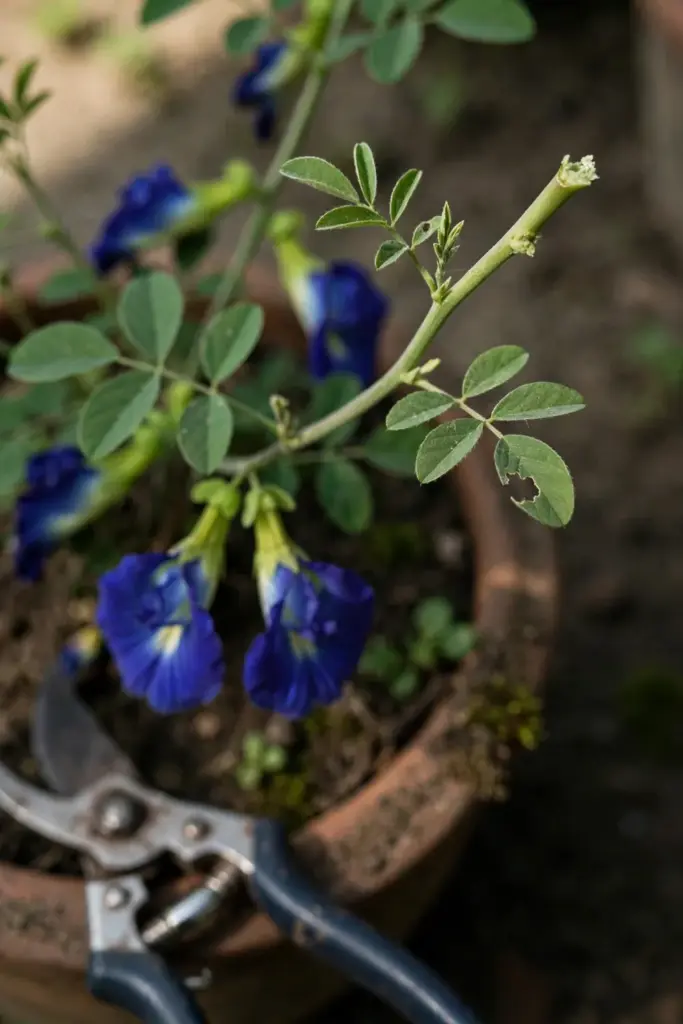 Pinched butterfly pea stem with pruning shears resting at the pot edge